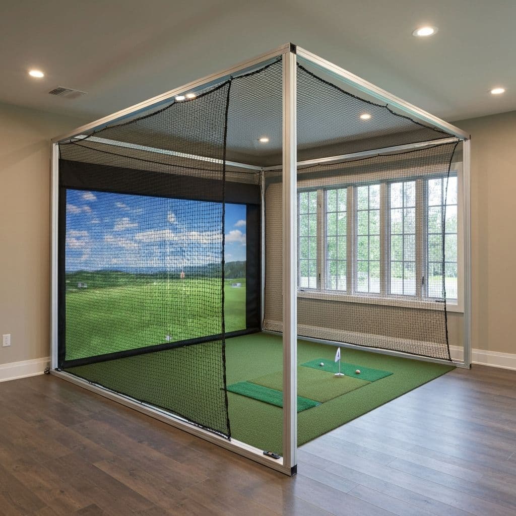 A golf simulator enclosure and frame structure in a home setting