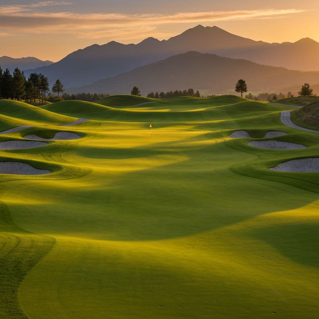 Panoramic view of a lush golf course at golden hour