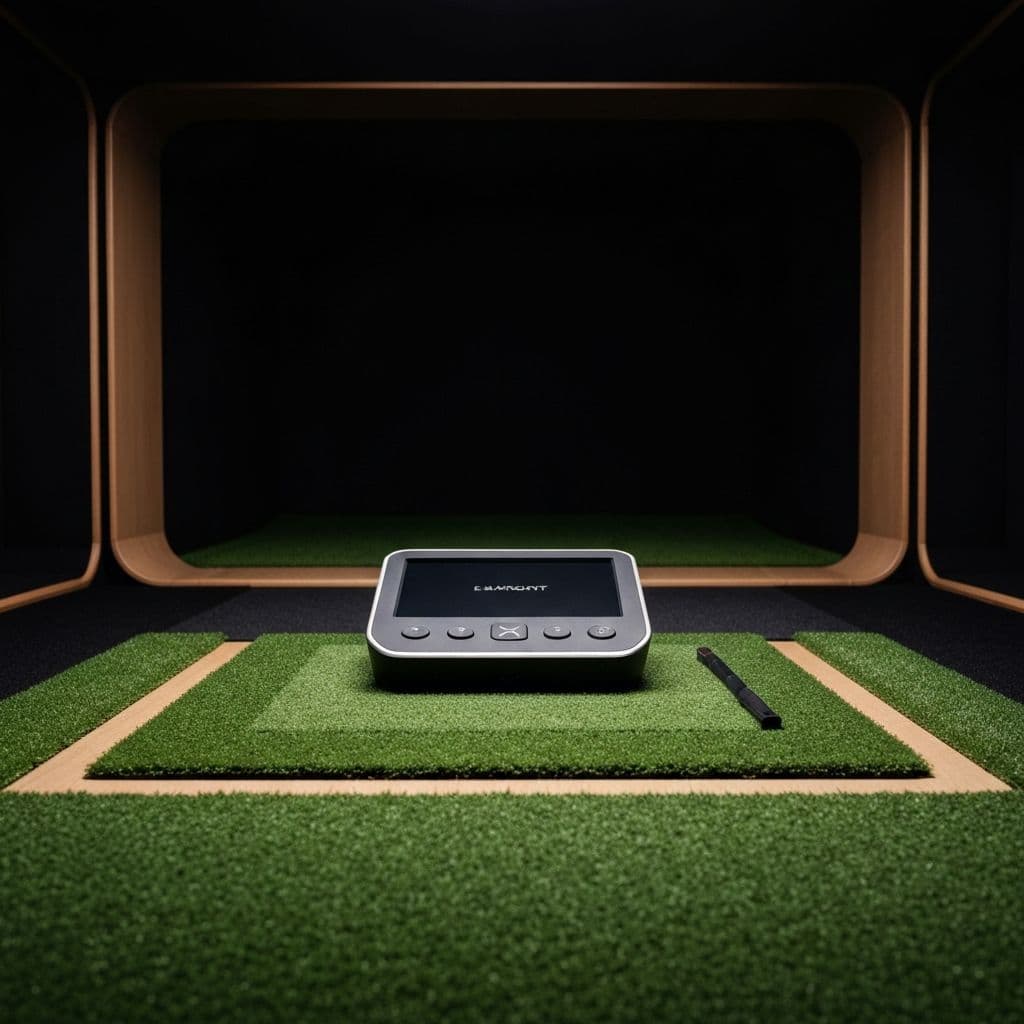 A high-end golf launch monitor device on premium artificial turf